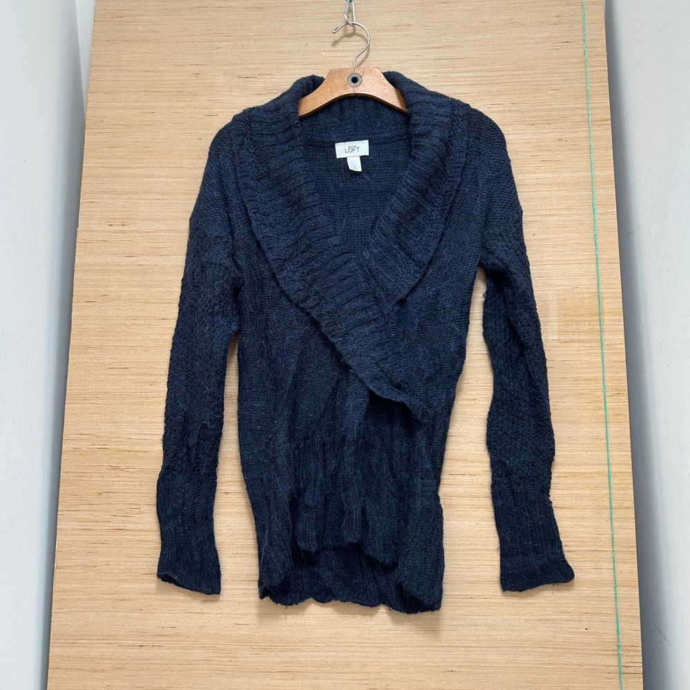 Ann Taylor LOFT Navy Blue Shawl Collar Wrap Knit Sweater Small 6966
